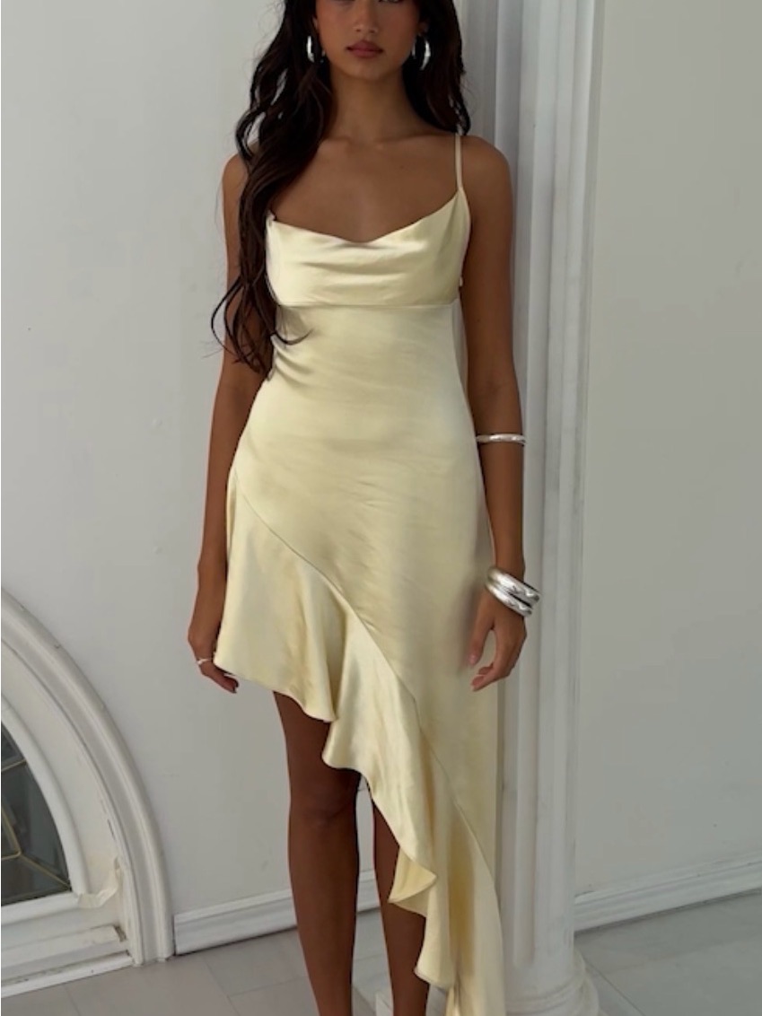 Princess Polly Marielle Asymmetric Midi Dress, Satin Slip Cami In Pale Yellow